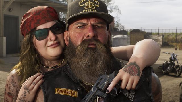 A woman hugging a man from behind in Ambrosia, draping her arm in front of him displaying the handgun she's holding.