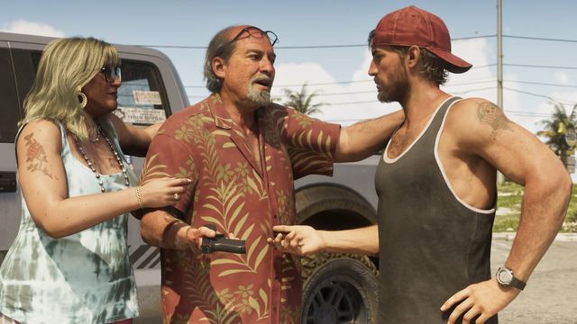 A woman, Brian, and Jason stand outside talking in front of a pickup truck. The woman stands behind Brian as he gives a handgun to Jason.