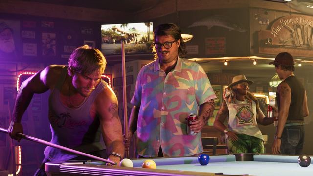 People hanging out at a bar. Jason and Cal play pool in the foreground.