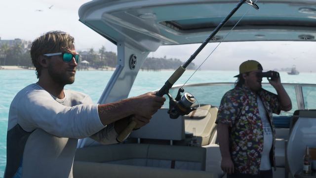 Jason and Cal on a boat. Jason is holding a fishing rod and Cal is holding binoculars up to his eyes.
