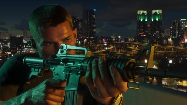 Jason holding and aiming an automatic weapon.