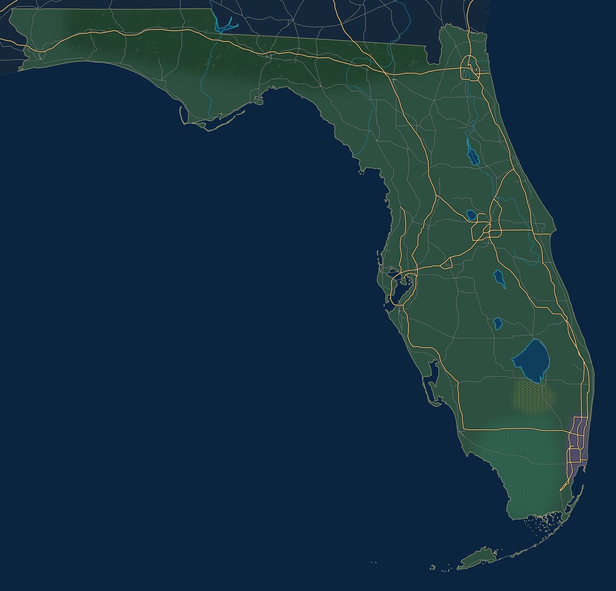 Our own map of Leonida, drawn from public map data of Florida, with the official places pinned in approximate areas