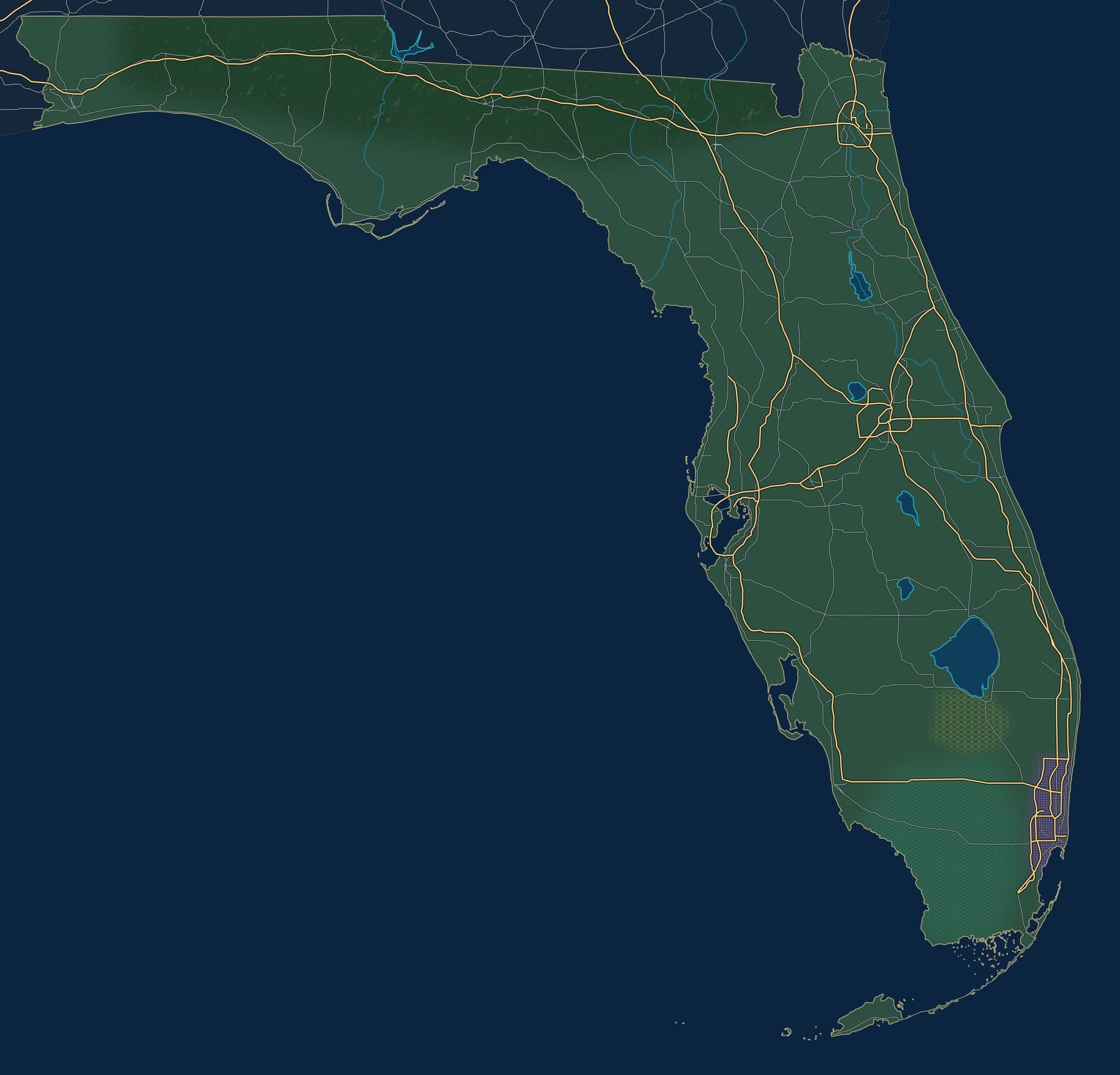 Our own map of Leonida, drawn from public map data of Florida, with the official places pinned in approximate areas