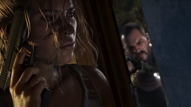 Lucia holding a handgun while hiding behind a slightly open door. On the other side a man is pointing a handgun through the open gap.