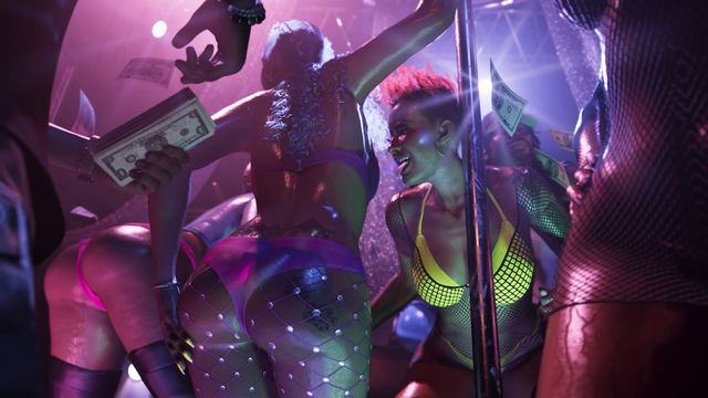 A club in Vice City with multiple dancers around a pole as dollar bills float in the air.